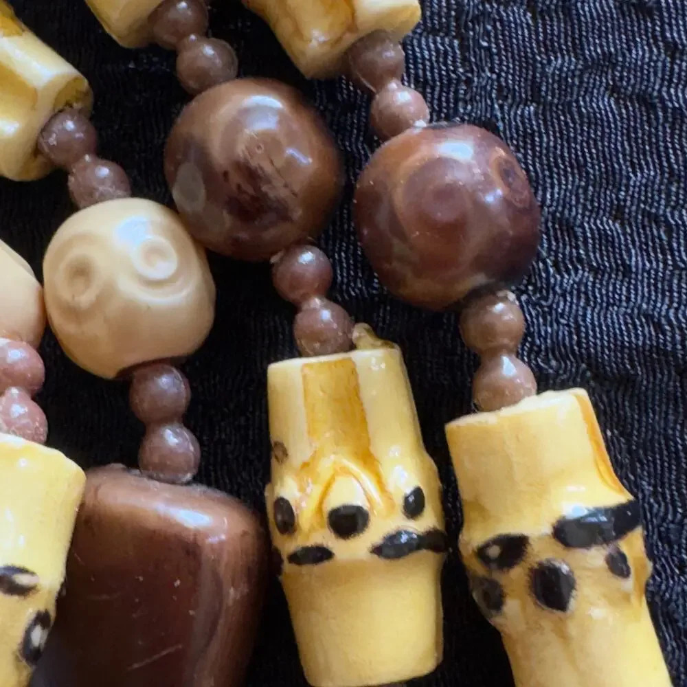 Vintage Faux Carved Bone Plastic Bead Necklace Brown Yellow Tribal Style 52”